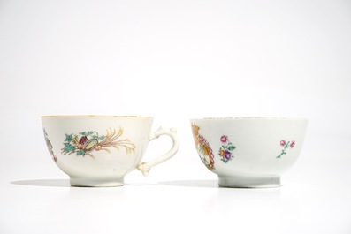 Two Chinese famille rose Dutch market armorial cups and saucers, Qianlong