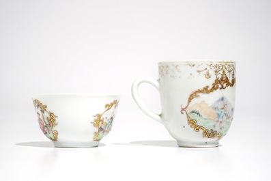 Two Chinese famille rose cups and a saucer with European hunters, Qianlong