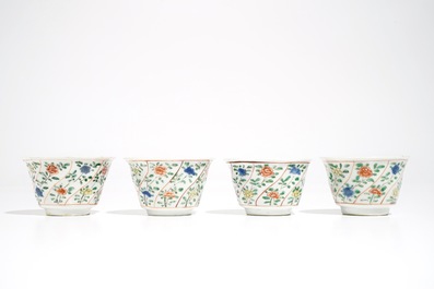 Four Chinese famille verte cups and saucers with pheasants and flowers, Kangxi