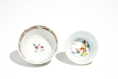 Two Chinese famille rose plates, two cups and saucers and a vase, Yongzheng/Qianlong