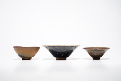 Two Chinese Jian hare's fur tea bowls and a bowl with broken ice design, prob. Song