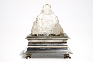 A Chinese rock crystal Buddha on German silver stand, poss. Augsburg, 18/20th C.