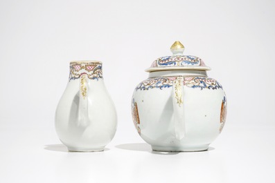 A Chinese famille rose armorial teapot and milk jug, Qianlong