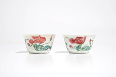 Two Chinese famille rose cups and three saucers with floral design, Yongzheng/Qianlong