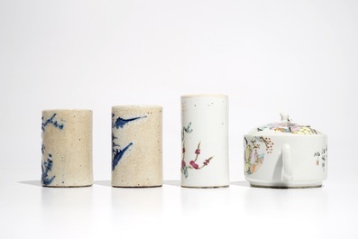A Chinese qianjiang cai teapot &amp; cover and three blue and white and famille rose brush pots, 19/20th C.