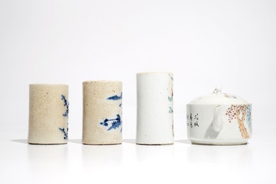A Chinese qianjiang cai teapot &amp; cover and three blue and white and famille rose brush pots, 19/20th C.
