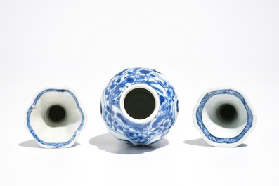 Three small Chinese blue and white Long Eliza vases, Kangxi