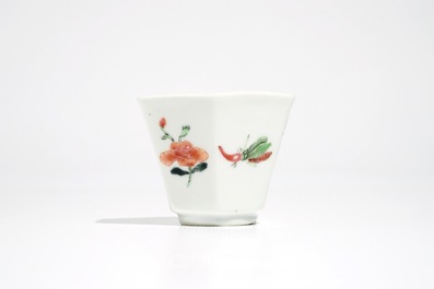 Three Chinese famille rose saucers and one cup with insects and flowers, Yongzheng
