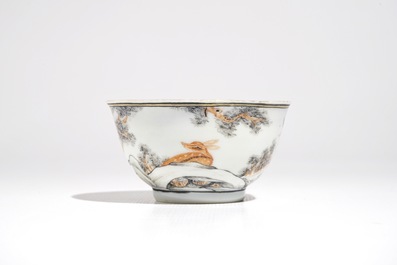 A Chinese anhua decorated cup and saucer with polychrome deer design, Yongzheng