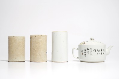 A Chinese qianjiang cai teapot &amp; cover and three blue and white and famille rose brush pots, 19/20th C.