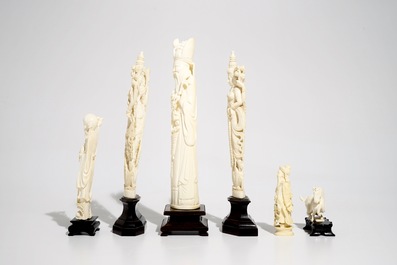 Six figures en ivoire sculpt&eacute;, Inde et Chine, d&eacute;but du 20&egrave;me