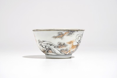 A Chinese anhua decorated cup and saucer with polychrome deer design, Yongzheng