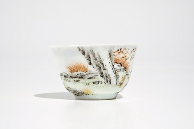 A Chinese famille rose cup and saucer with fine figural design, Yongzheng