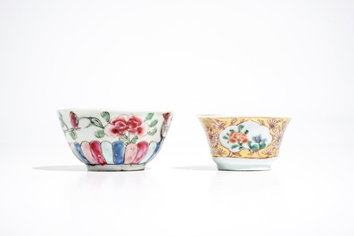 Two Chinese famille rose plates, two cups and saucers and a vase, Yongzheng/Qianlong