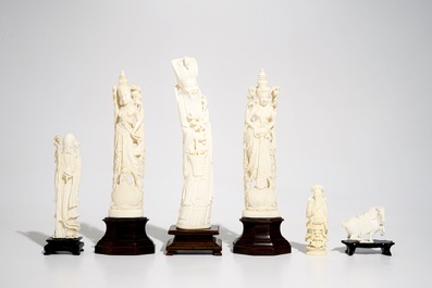 Six figures en ivoire sculpt&eacute;, Inde et Chine, d&eacute;but du 20&egrave;me