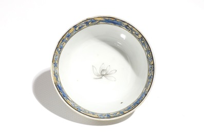 A Chinese anhua decorated cup and saucer with polychrome deer design, Yongzheng