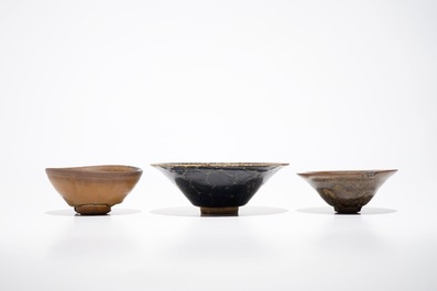 Two Chinese Jian hare's fur tea bowls and a bowl with broken ice design, prob. Song