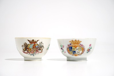 Two Chinese famille rose Dutch market armorial cups and saucers, Qianlong