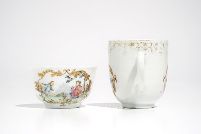 Two Chinese famille rose cups and a saucer with European hunters, Qianlong