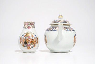 A Chinese famille rose armorial teapot and milk jug, Qianlong