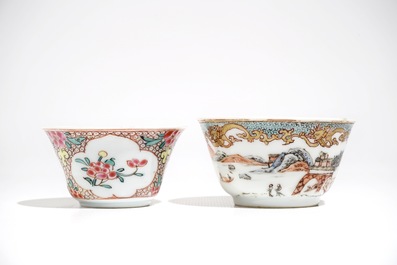 Two Chinese famille rose cups and saucers, Yongzheng/Qianlong