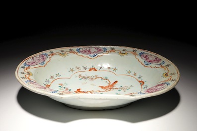 An oval Chinese famille rose shaving bowl with birds, Qianlong