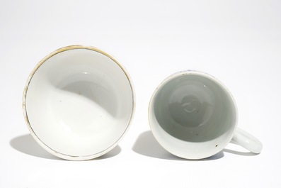 Two Chinese armorial cups and a saucer for the Belgian market, Qianlong