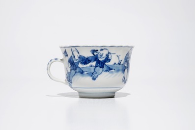 Six Chinese blue and white cups and saucers, Kangxi mark, 19th C.
