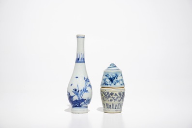 A Chinese blue and white cylindrical box and cover, a Hatcher cargo bottle vase and a saucer, Ming and Transitional period