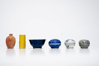 Three small Chinese blue and white boxes, two bowls and two small monochrome vases, Ming and later