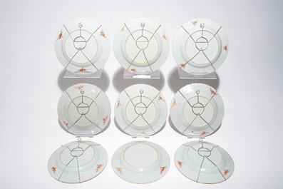 Nine Chinese famille rose floral plates, Yongzheng/Qianlong