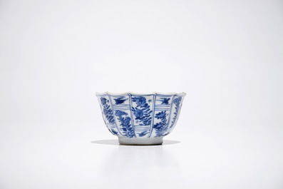 Five Chinese blue and white cups and saucers, Kangxi