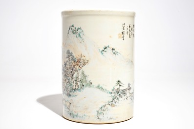 A tall cylindrical Chinese qianjiang cai brush pot, 19/20th C.
