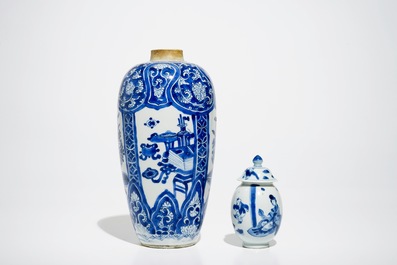 Two Chinese blue and white vases and a pair of plates, Kangxi