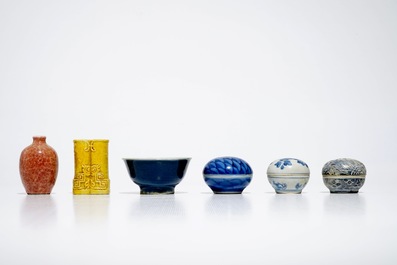 Three small Chinese blue and white boxes, two bowls and two small monochrome vases, Ming and later
