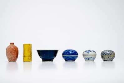Three small Chinese blue and white boxes, two bowls and two small monochrome vases, Ming and later