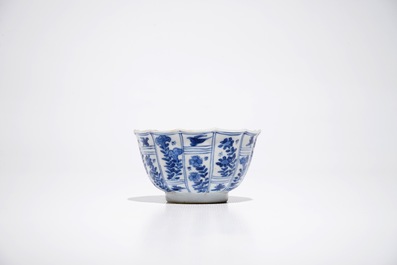 Five Chinese blue and white cups and saucers, Kangxi