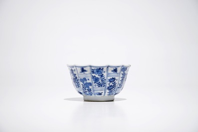 Five Chinese blue and white cups and saucers, Kangxi