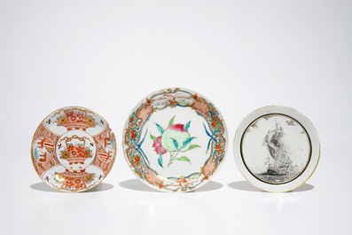 A Chinese grisaille battleship saucer and two famille rose and Dutch-decorated cups and saucers, Qianlong