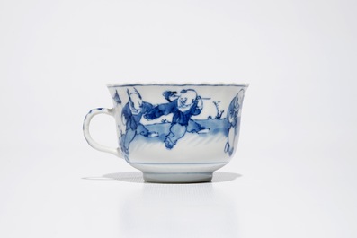 Six Chinese blue and white cups and saucers, Kangxi mark, 19th C.