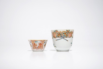 A Chinese grisaille battleship saucer and two famille rose and Dutch-decorated cups and saucers, Qianlong