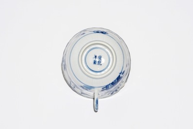 Six Chinese blue and white cups and saucers, Kangxi mark, 19th C.