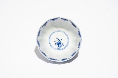 Five Chinese blue and white cups and saucers, Kangxi