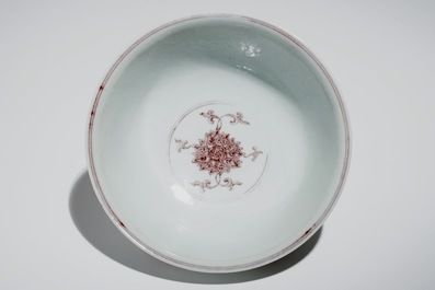 A Chinese underglaze red lotus scroll bowl, Kangxi mark, 20th C.