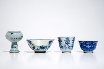 Various Chinese blue and white bowls and a cup and saucer, Ming, Kangxi and Qianlong