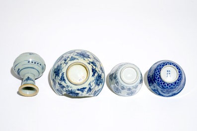 Various Chinese blue and white bowls and a cup and saucer, Ming, Kangxi and Qianlong