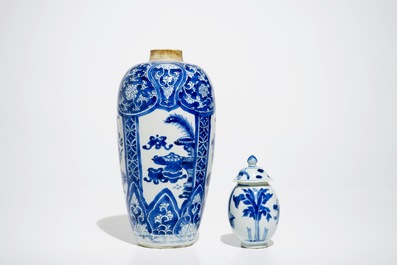 Two Chinese blue and white vases and a pair of plates, Kangxi