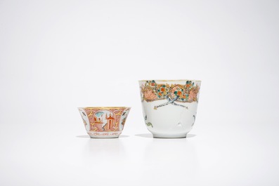 A Chinese grisaille battleship saucer and two famille rose and Dutch-decorated cups and saucers, Qianlong