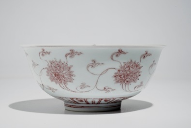A Chinese underglaze red lotus scroll bowl, Kangxi mark, 20th C.
