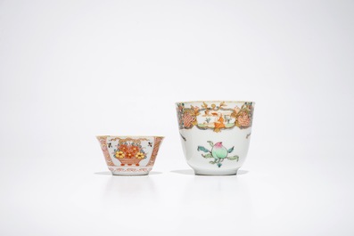A Chinese grisaille battleship saucer and two famille rose and Dutch-decorated cups and saucers, Qianlong